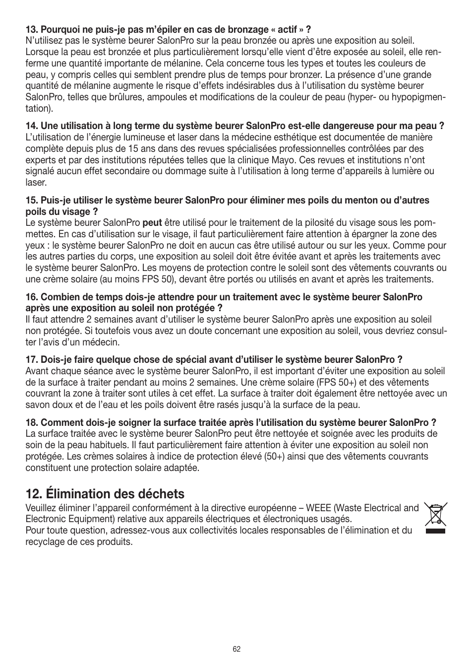 Élimination des déchets | Beurer IPL 10000+ User Manual | Page 62 / 128