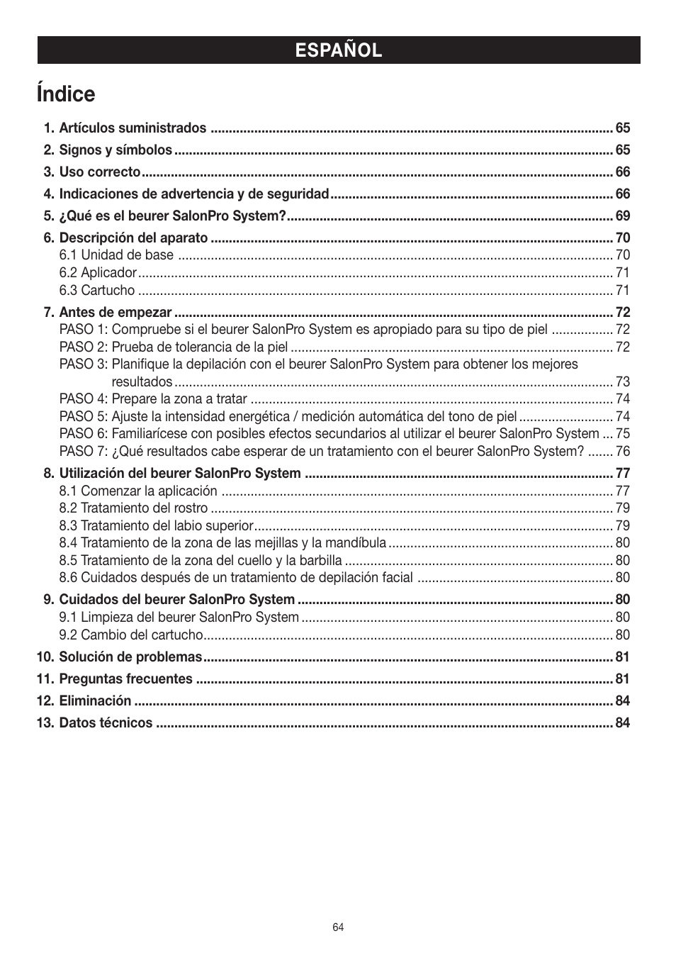 Índice, Español | Beurer IPL 10000+ User Manual | Page 64 / 128