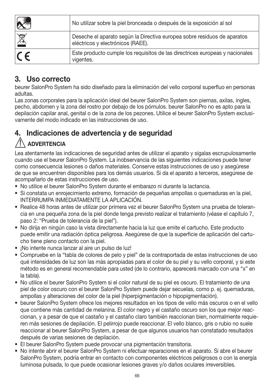 Uso correcto, Indicaciones de advertencia y de seguridad | Beurer IPL 10000+ User Manual | Page 66 / 128