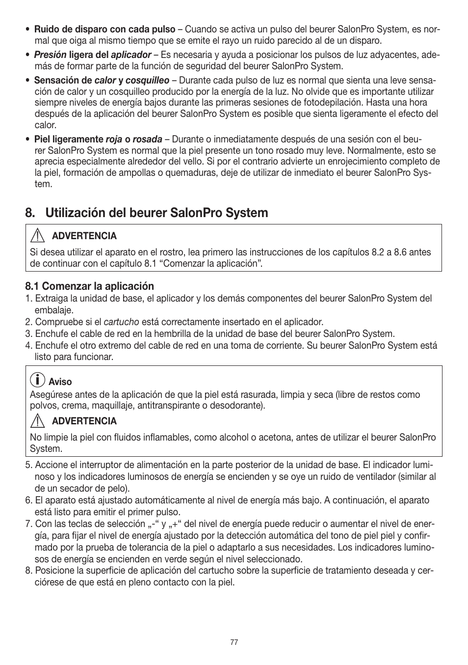 Utilización del beurer salonpro system | Beurer IPL 10000+ User Manual | Page 77 / 128