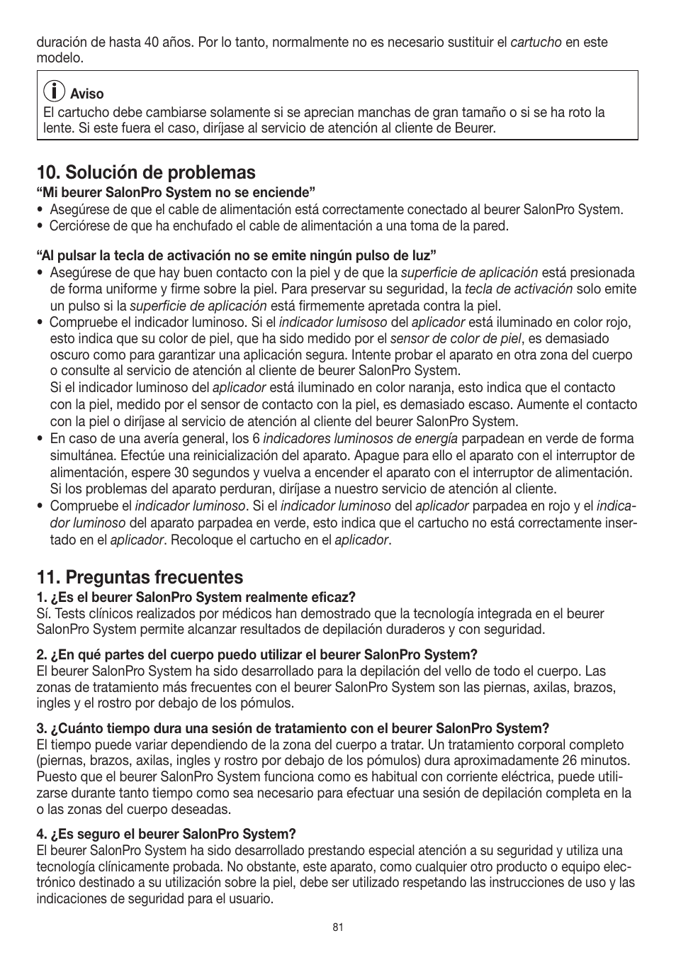 Solución de problemas, Preguntas frecuentes | Beurer IPL 10000+ User Manual | Page 81 / 128