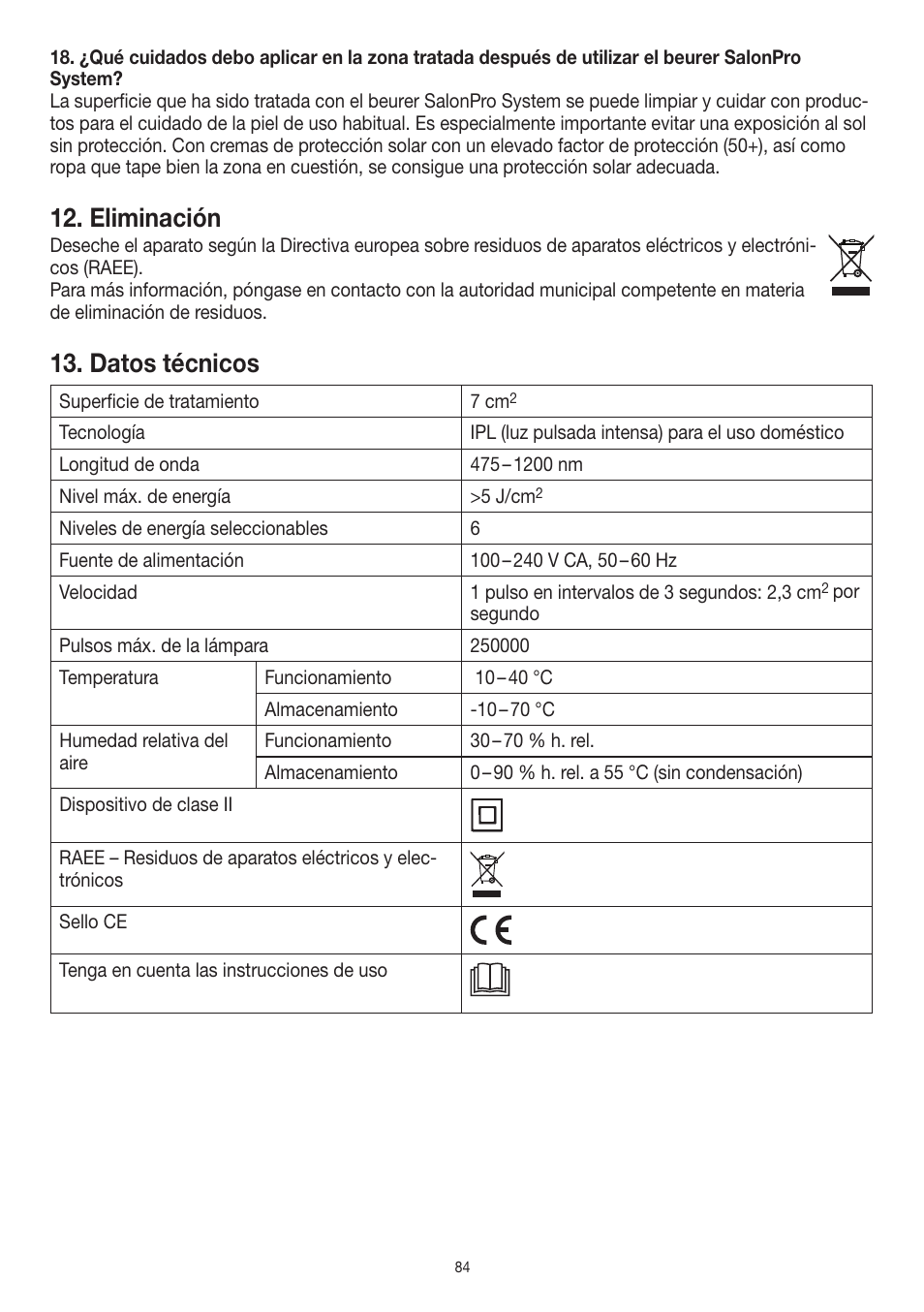 Eliminación, Datos técnicos | Beurer IPL 10000+ User Manual | Page 84 / 128