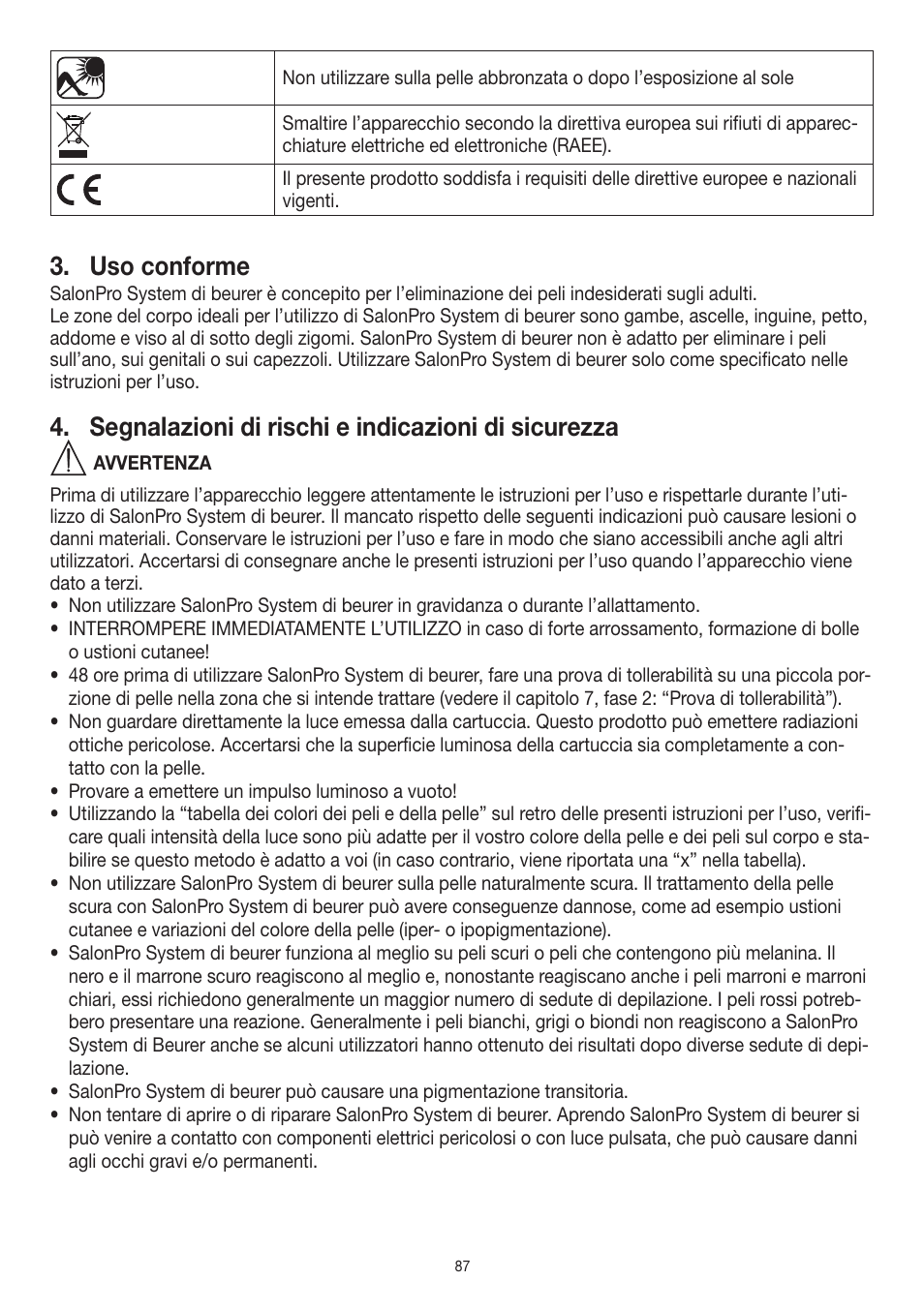 Uso conforme, Segnalazioni di rischi e indicazioni di sicurezza | Beurer IPL 10000+ User Manual | Page 87 / 128