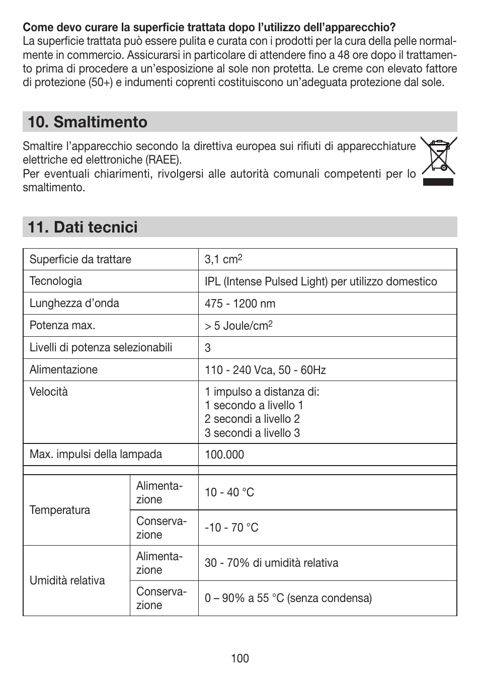 Smaltimento, Dati tecnici | Beurer IPL 7000 User Manual | Page 100 / 124