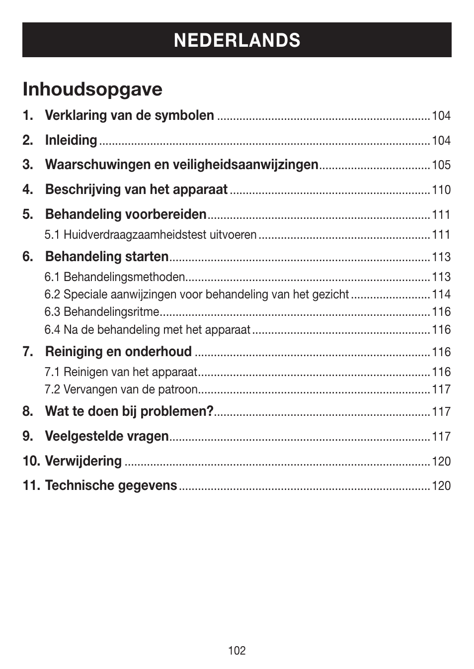 Inhoudsopgave, Nederlands | Beurer IPL 7000 User Manual | Page 102 / 124