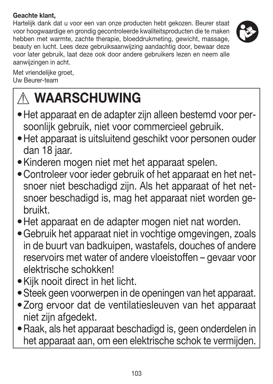 Waarschuwing | Beurer IPL 7000 User Manual | Page 103 / 124