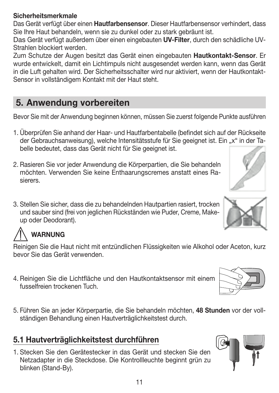 Anwendung vorbereiten, 1 hautverträglichkeitstest durchführen | Beurer IPL 7000 User Manual | Page 11 / 124