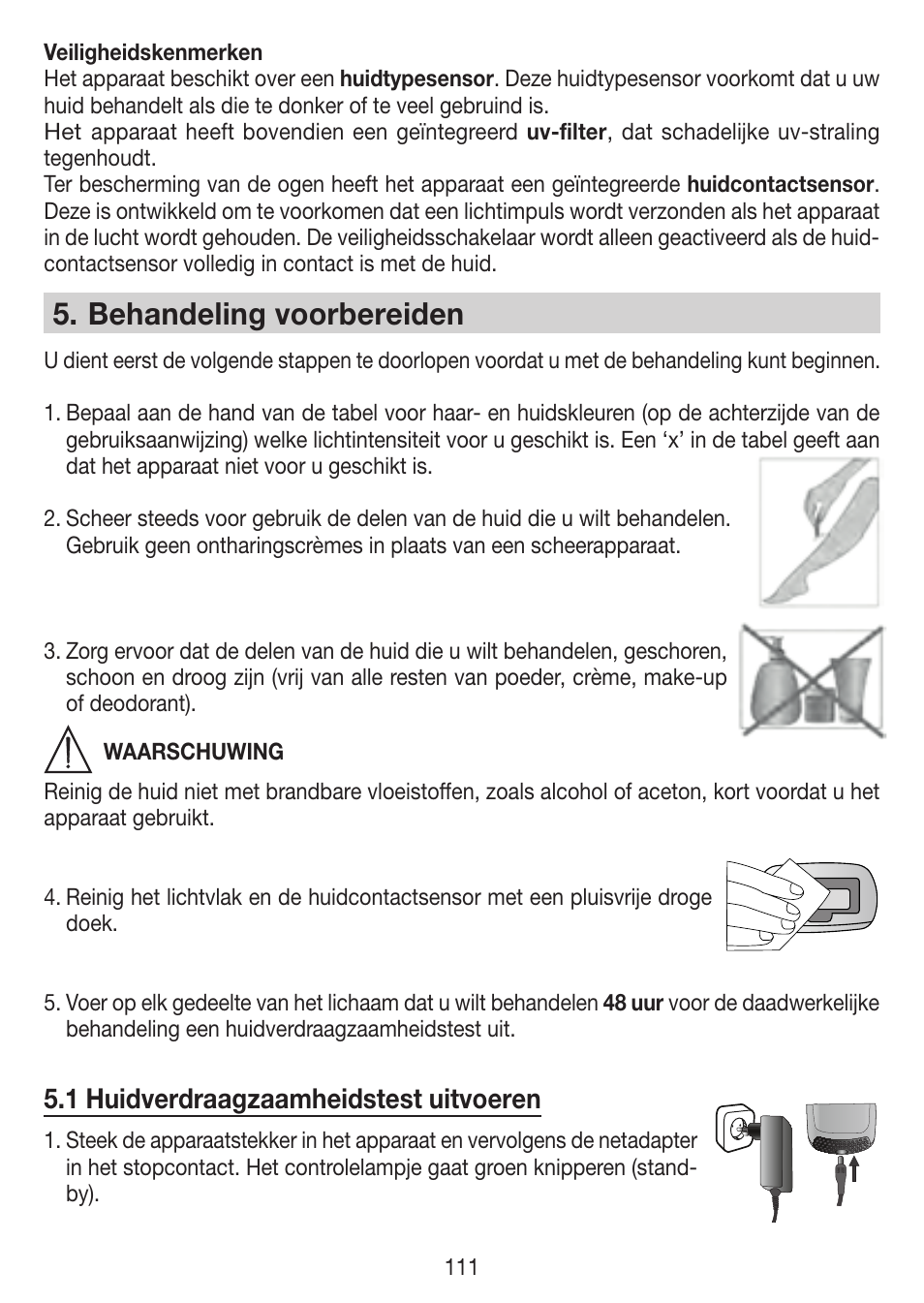 Behandeling voorbereiden, 1 huidverdraagzaamheidstest uitvoeren | Beurer IPL 7000 User Manual | Page 111 / 124