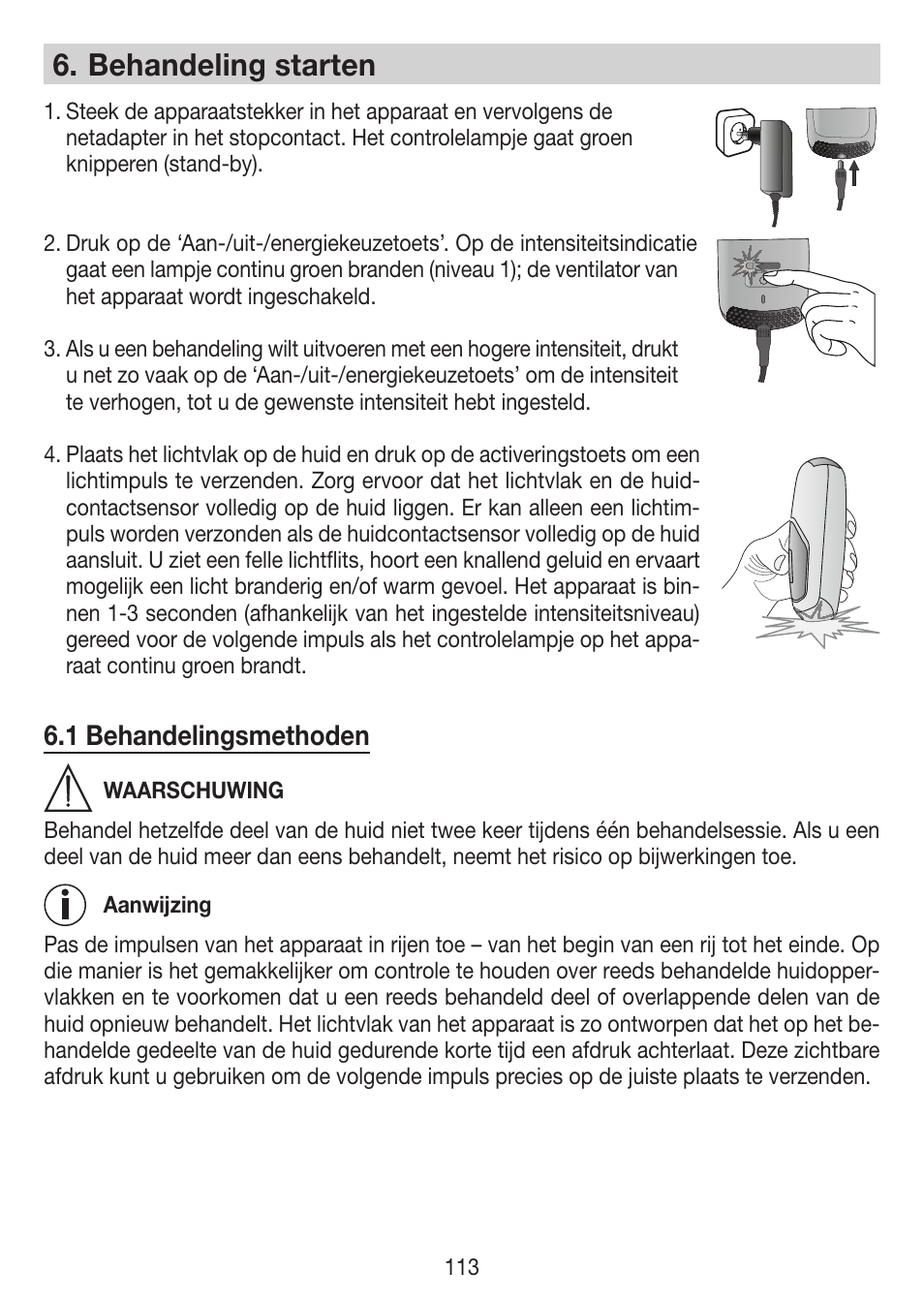 Behandeling starten, 1 behandelingsmethoden | Beurer IPL 7000 User Manual | Page 113 / 124