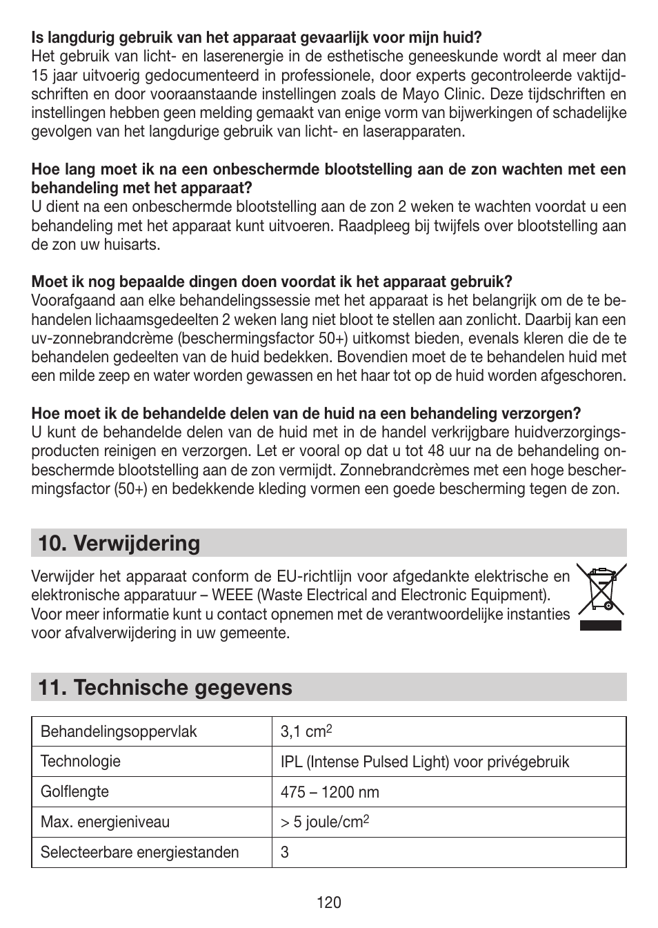 Verwĳdering, Technische gegevens | Beurer IPL 7000 User Manual | Page 120 / 124