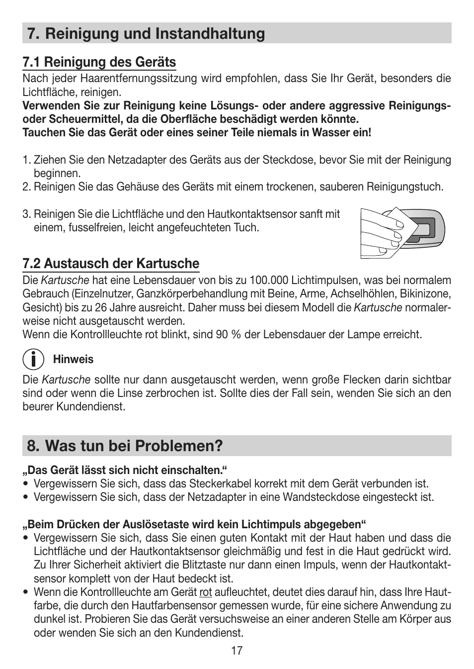 Reinigung und instandhaltung, Was tun bei problemen, 1 reinigung des geräts | 2 austausch der kartusche | Beurer IPL 7000 User Manual | Page 17 / 124