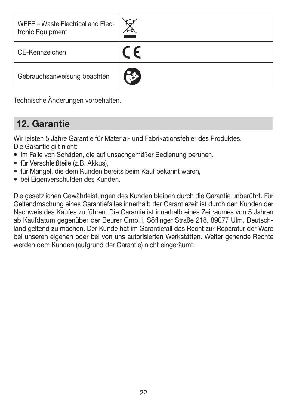 Garantie | Beurer IPL 7000 User Manual | Page 22 / 124