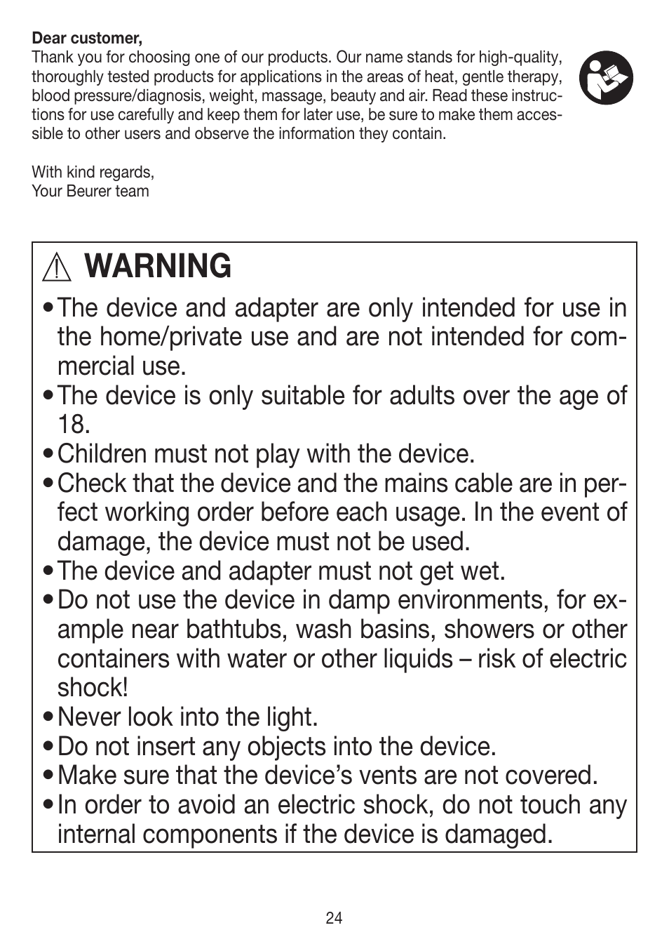 Warning | Beurer IPL 7000 User Manual | Page 24 / 124