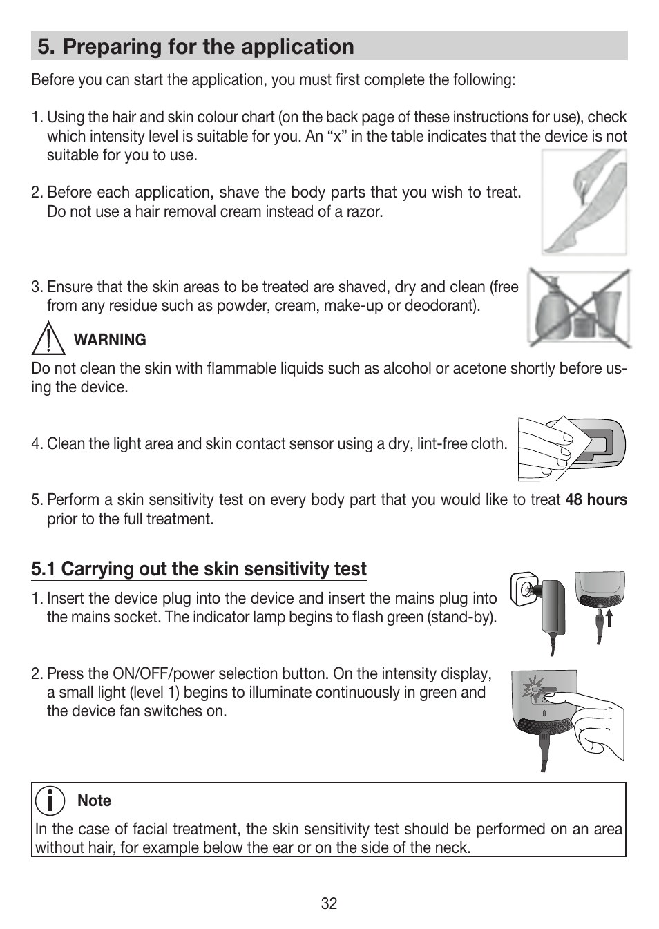 Preparing for the application, 1 carrying out the skin sensitivity test | Beurer IPL 7000 User Manual | Page 32 / 124