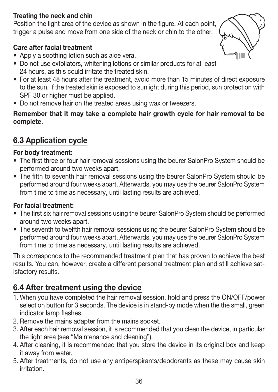 3 application cycle, 4 after treatment using the device | Beurer IPL 7000 User Manual | Page 36 / 124