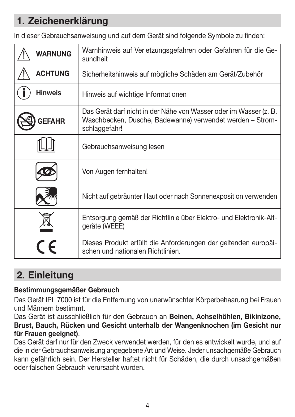 Zeichenerklärung, Einleitung | Beurer IPL 7000 User Manual | Page 4 / 124