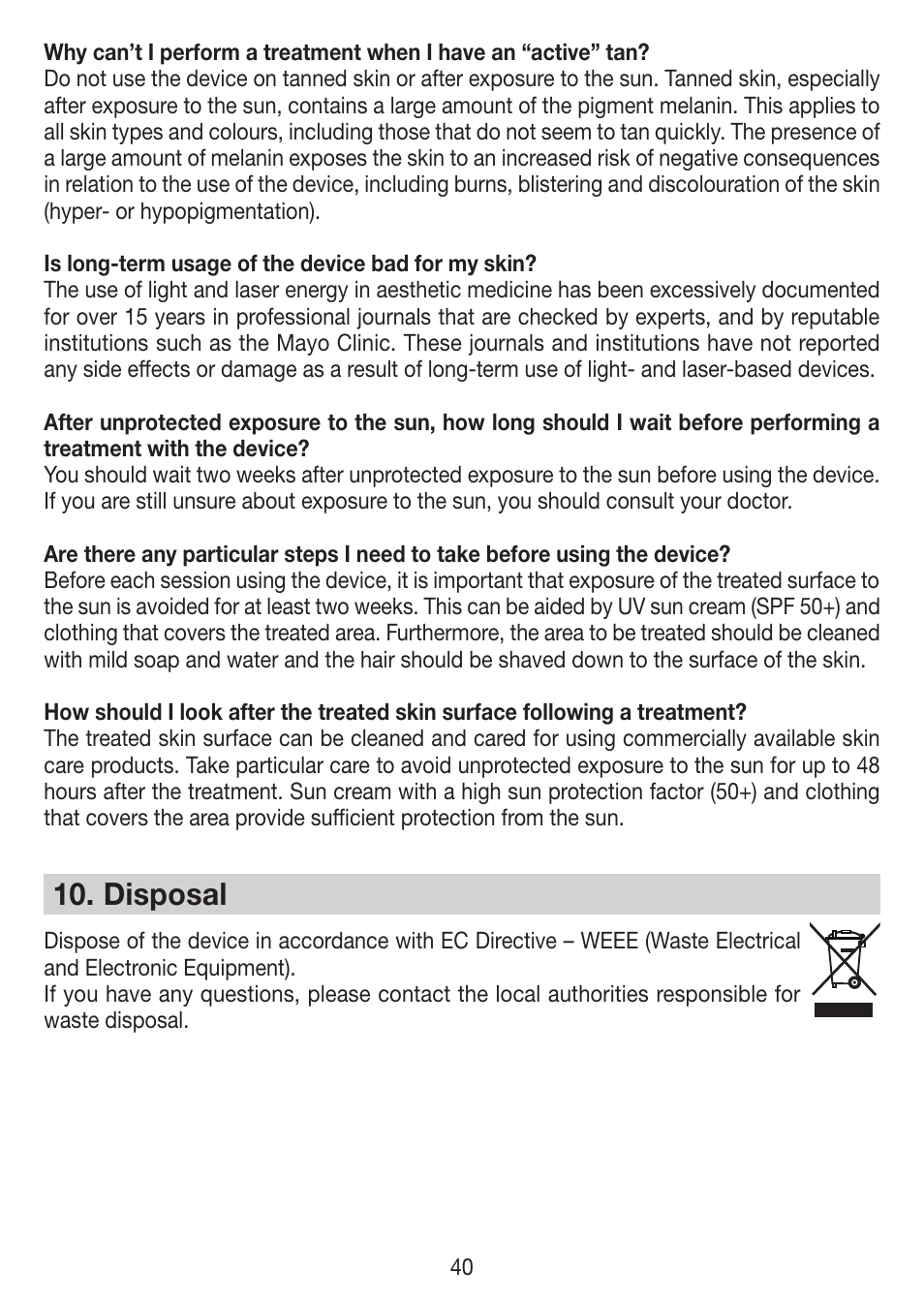 Disposal | Beurer IPL 7000 User Manual | Page 40 / 124