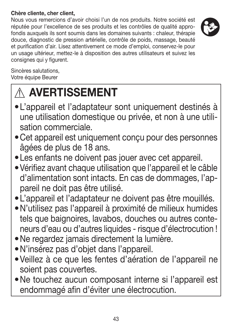 Avertissement | Beurer IPL 7000 User Manual | Page 43 / 124