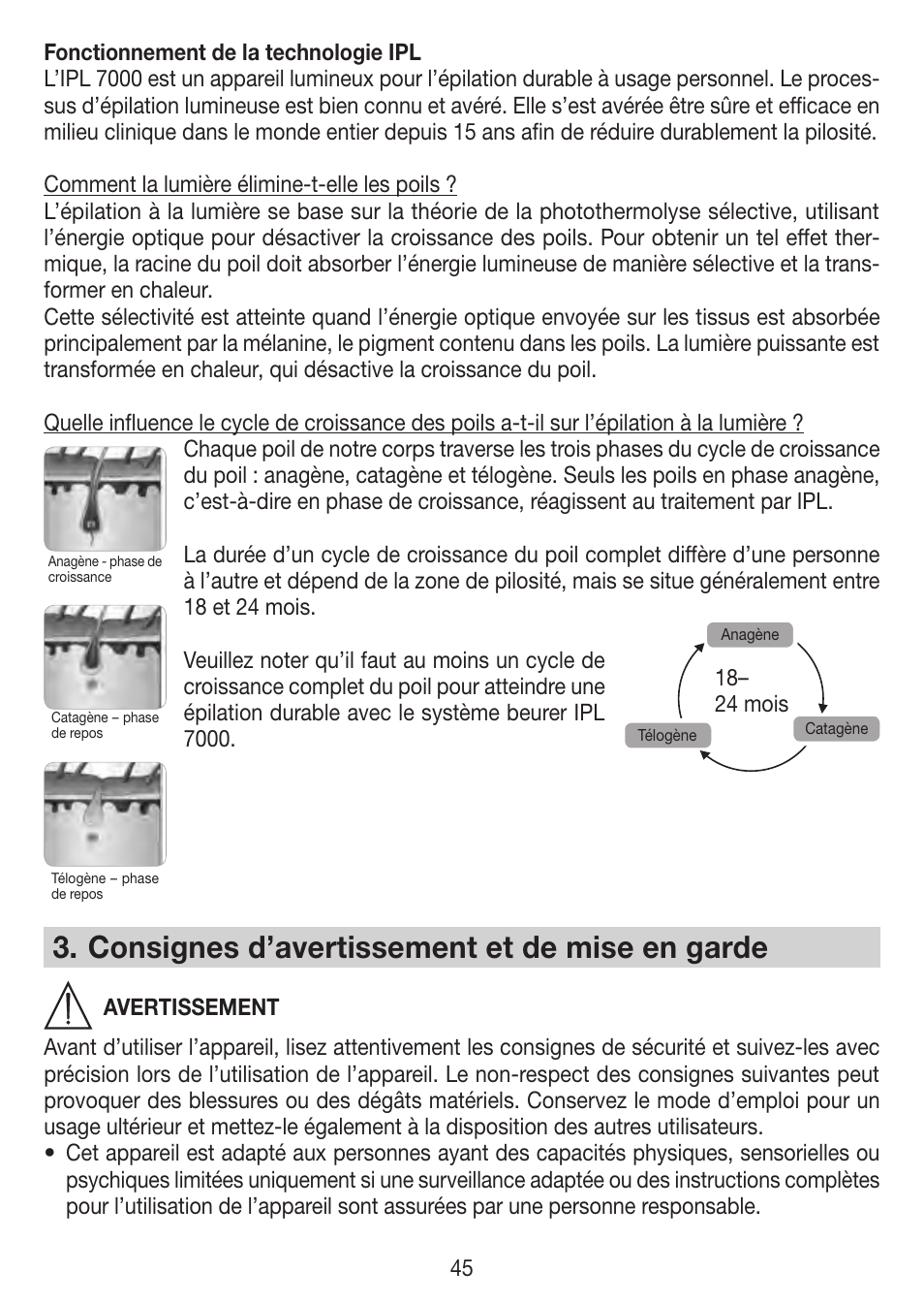 Consignes d’avertissement et de mise en garde | Beurer IPL 7000 User Manual | Page 45 / 124