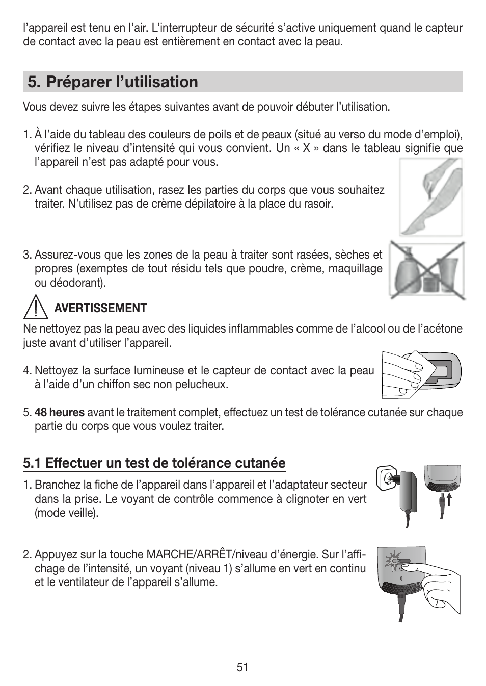 Préparer l’utilisation, 1 effectuer un test de tolérance cutanée | Beurer IPL 7000 User Manual | Page 51 / 124