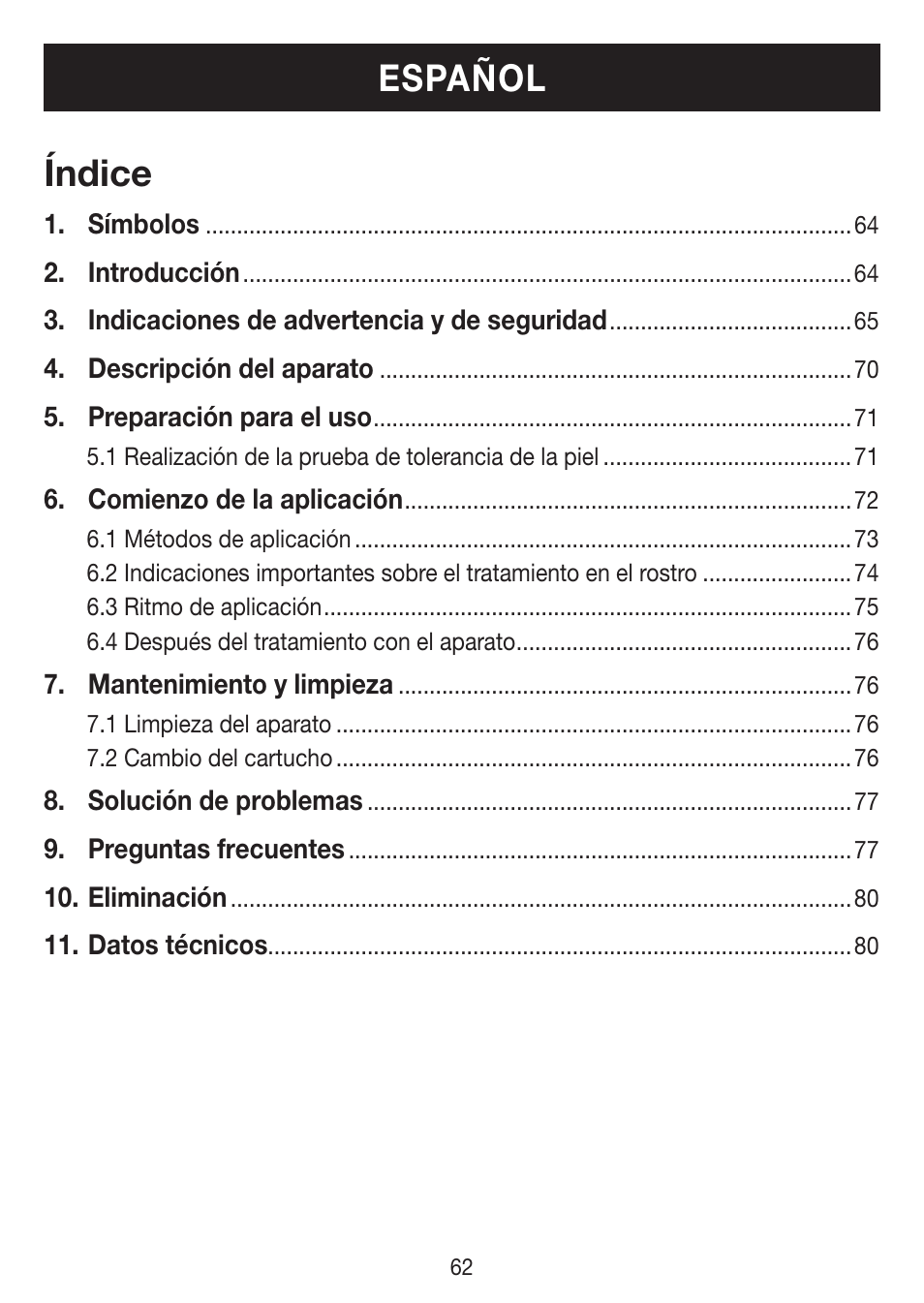 Índice, Español | Beurer IPL 7000 User Manual | Page 62 / 124