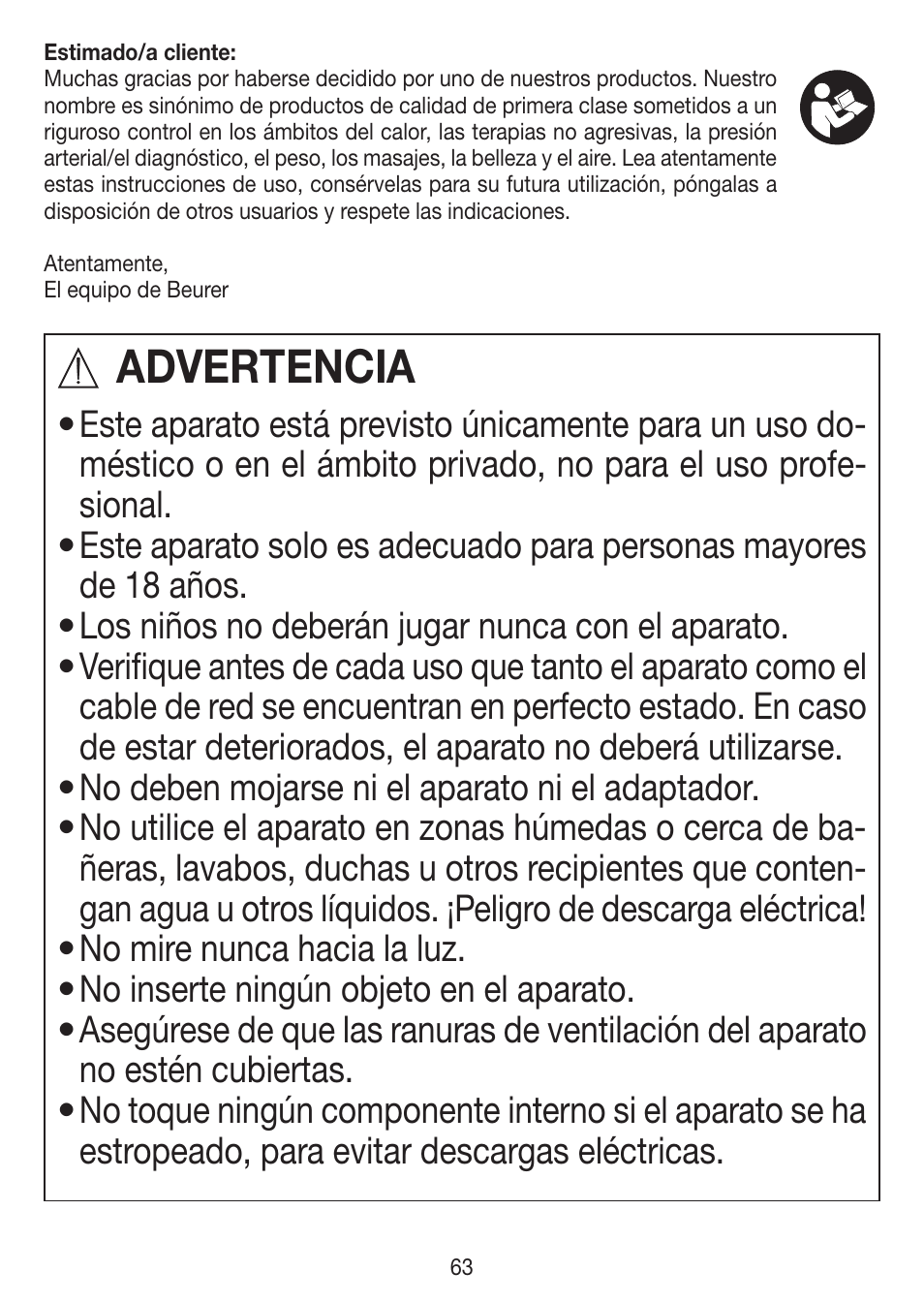 Advertencia | Beurer IPL 7000 User Manual | Page 63 / 124