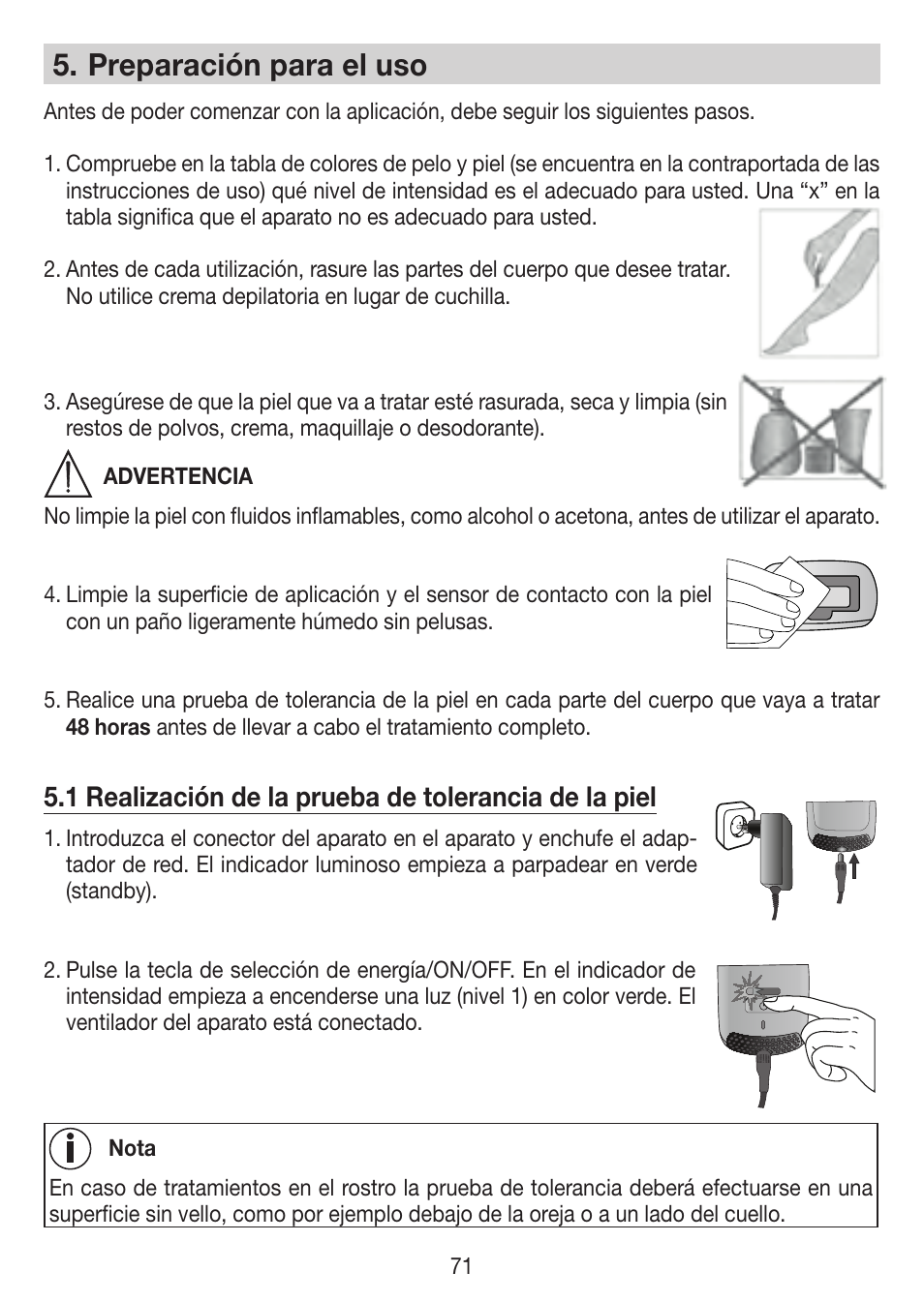 Preparación para el uso | Beurer IPL 7000 User Manual | Page 71 / 124