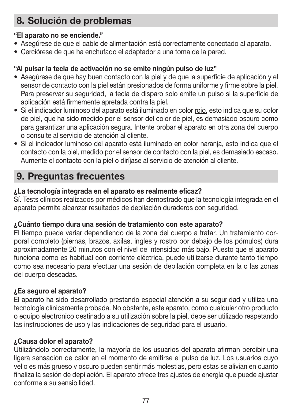 Solución de problemas, Preguntas frecuentes | Beurer IPL 7000 User Manual | Page 77 / 124