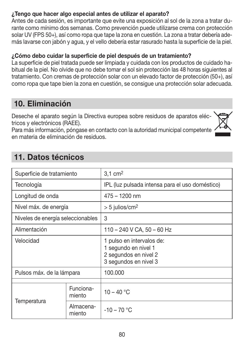 Eliminación, Datos técnicos | Beurer IPL 7000 User Manual | Page 80 / 124