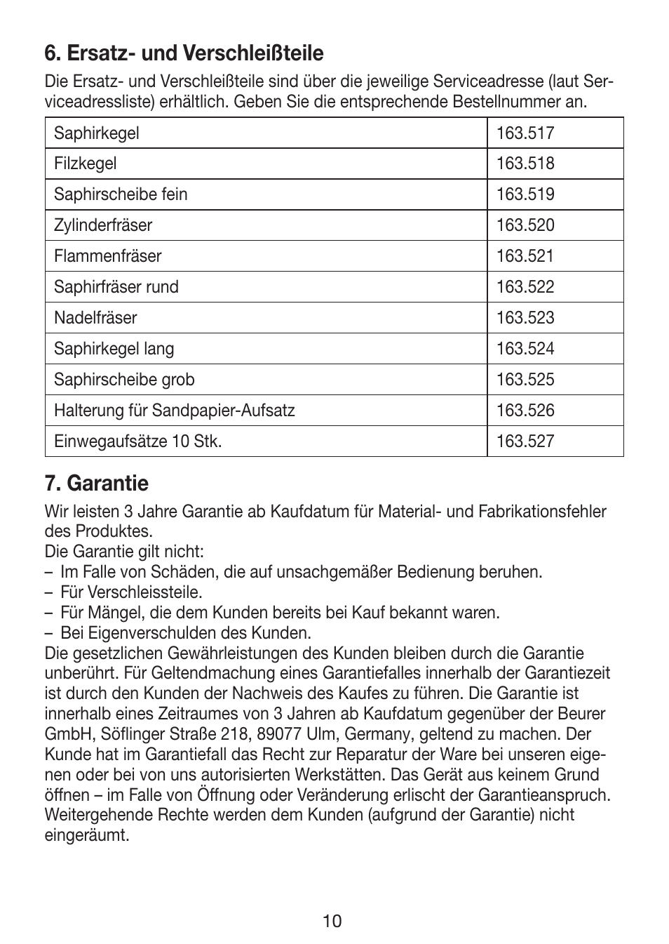 Ersatz- und verschleißteile, Garantie | Beurer MP 62 User Manual | Page 10 / 96