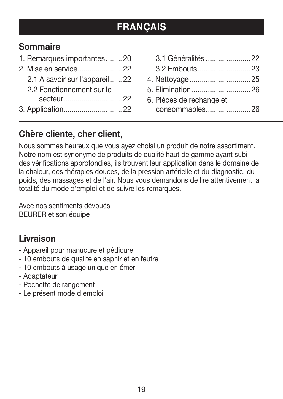 Français, Sommaire, Chère cliente, cher client | Livraison | Beurer MP 62 User Manual | Page 19 / 96