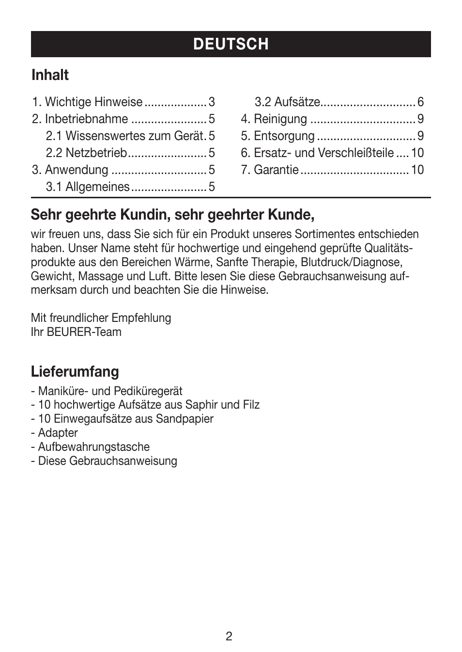 Deutsch, Inhalt, Sehr geehrte kundin, sehr geehrter kunde | Lieferumfang | Beurer MP 62 User Manual | Page 2 / 96