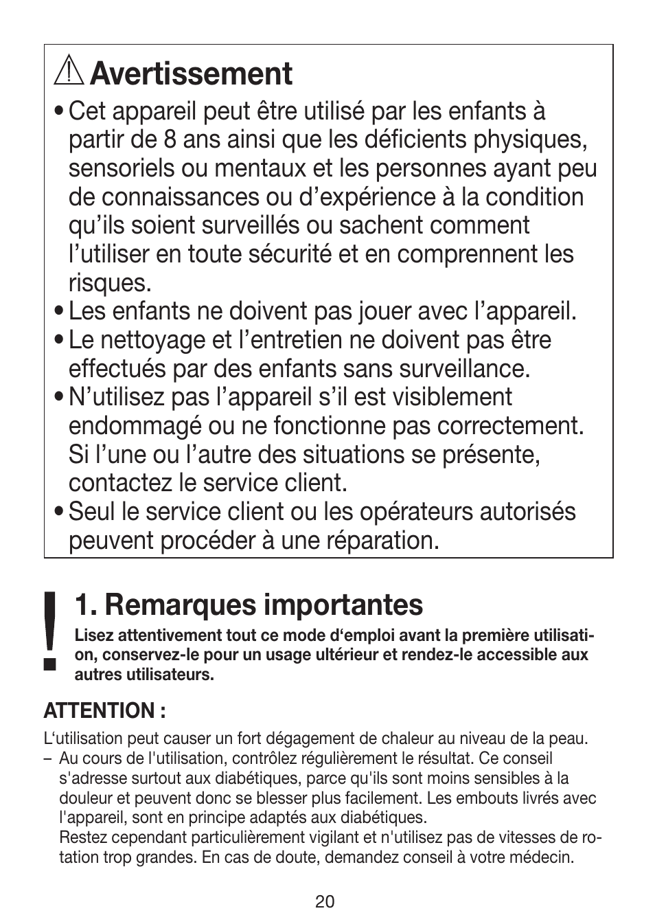 Avertissement, Remarques importantes | Beurer MP 62 User Manual | Page 20 / 96