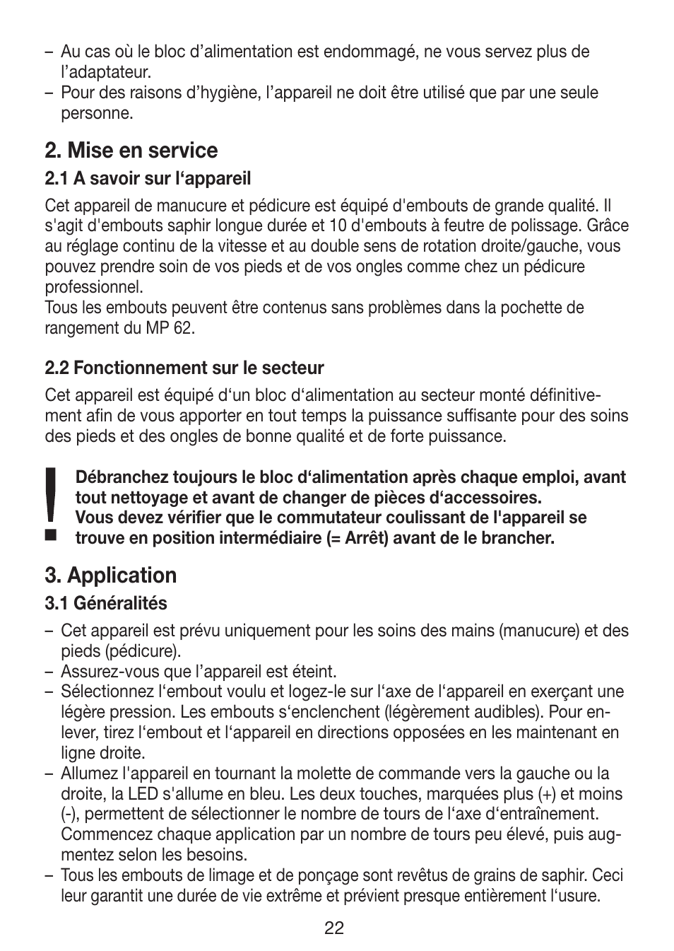 Mise en service, Application | Beurer MP 62 User Manual | Page 22 / 96