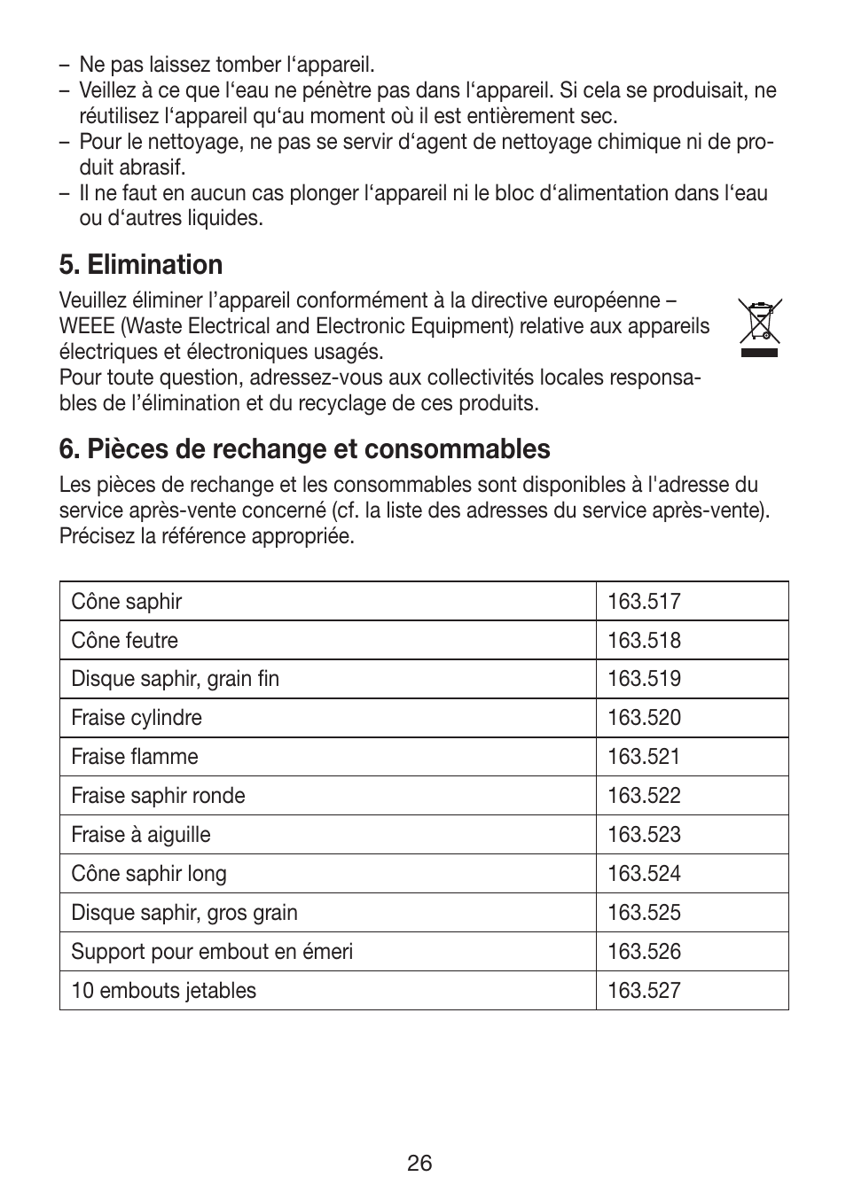 Elimination, Pièces de rechange et consommables | Beurer MP 62 User Manual | Page 26 / 96