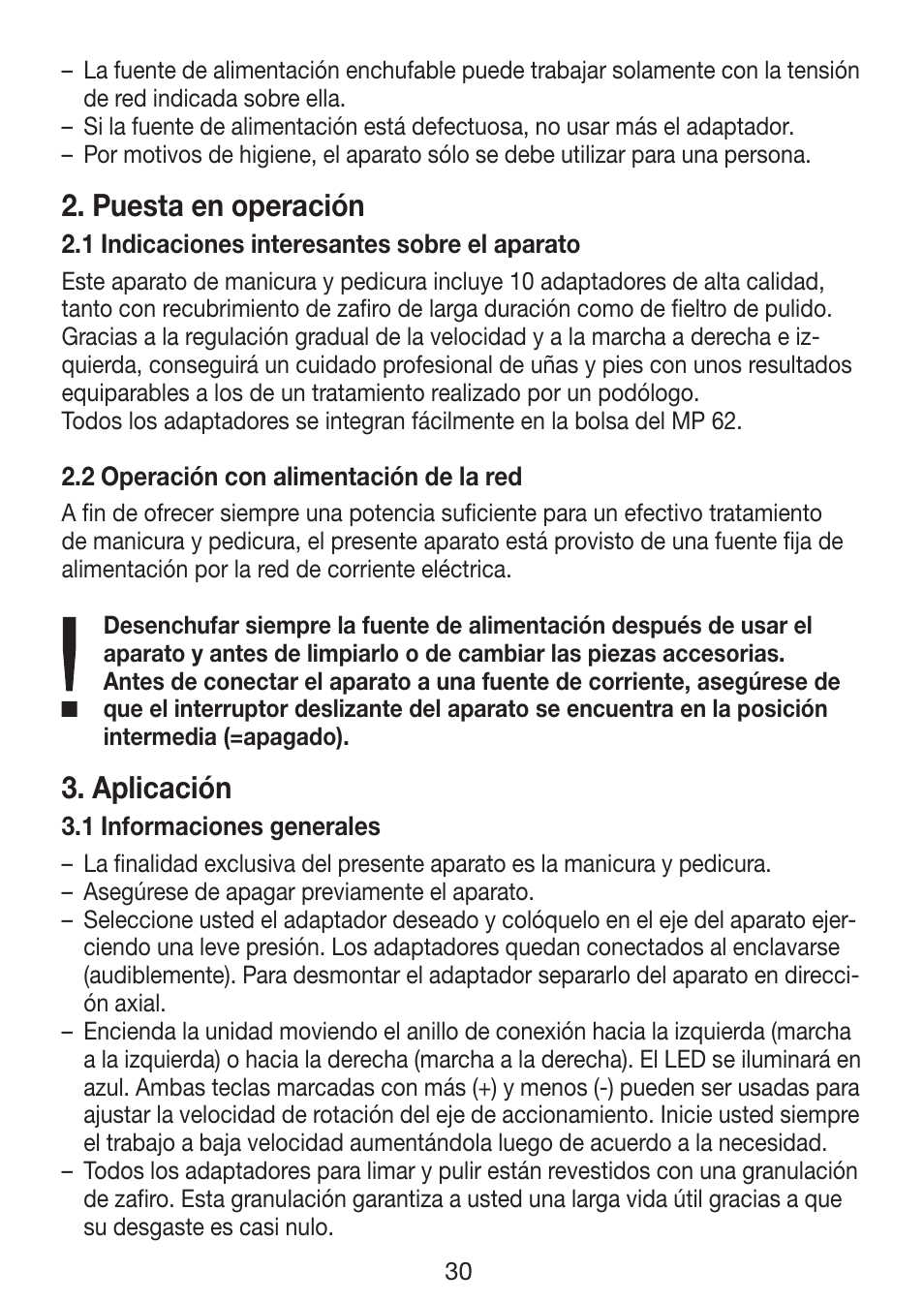 Puesta en operación, Aplicación | Beurer MP 62 User Manual | Page 30 / 96