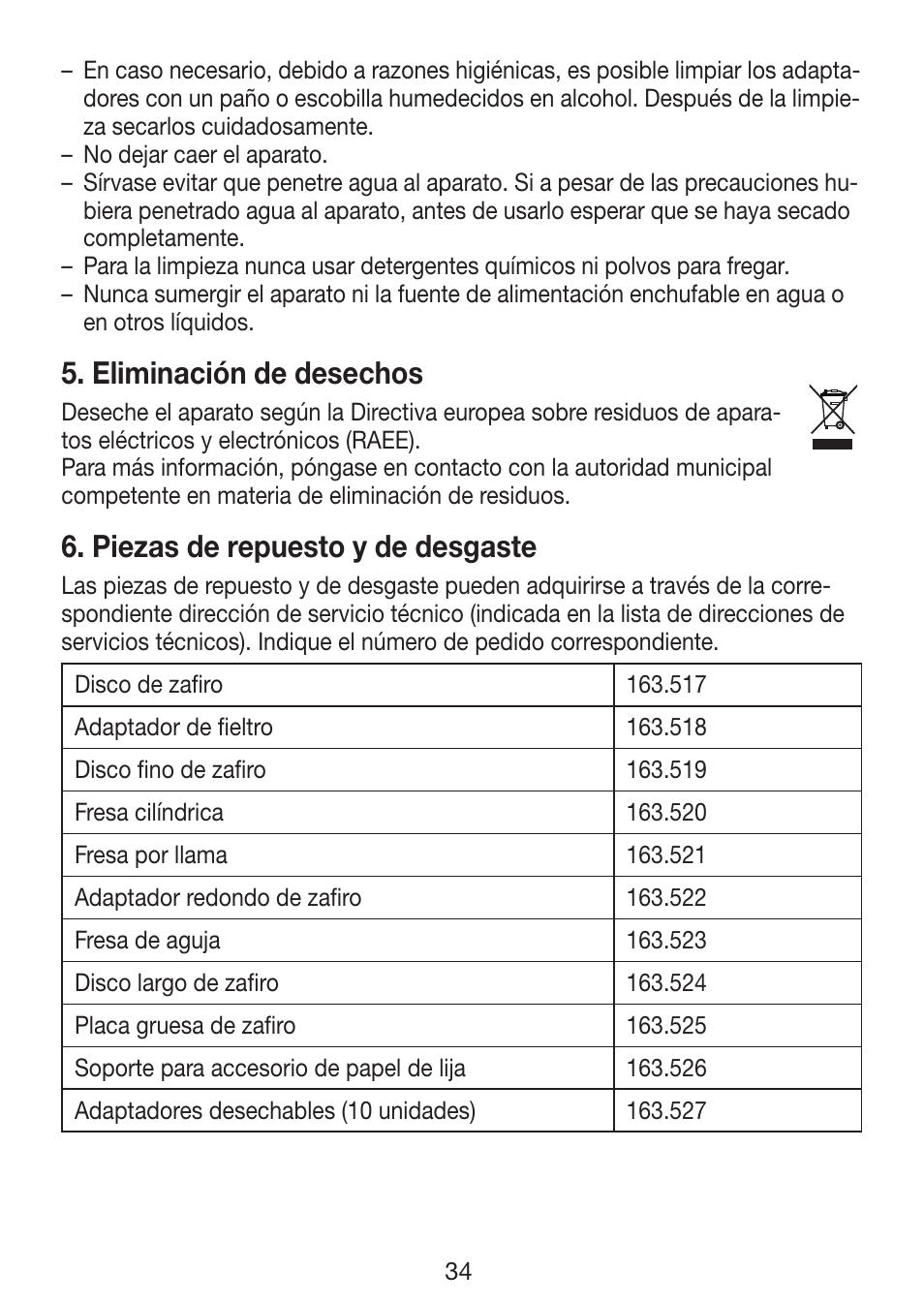 Eliminación de desechos, Piezas de repuesto y de desgaste | Beurer MP 62 User Manual | Page 34 / 96