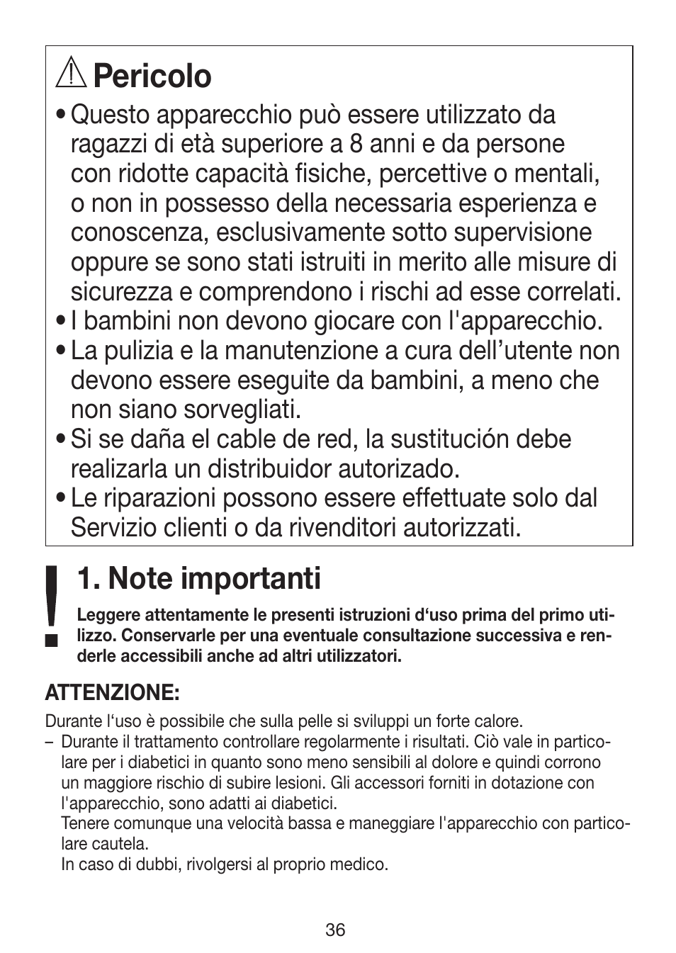 Pericolo | Beurer MP 62 User Manual | Page 36 / 96