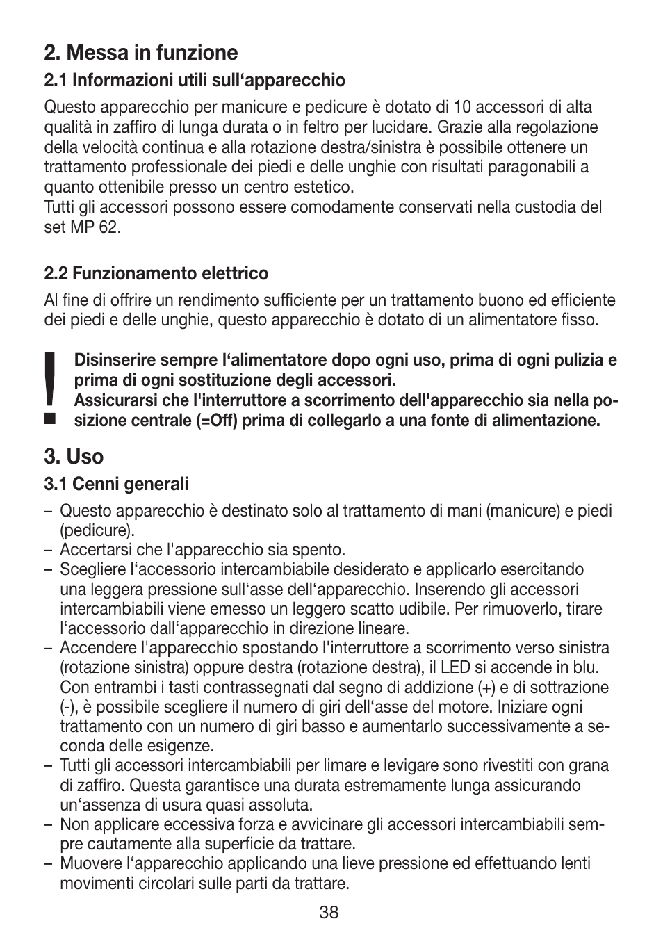 Messa in funzione | Beurer MP 62 User Manual | Page 38 / 96