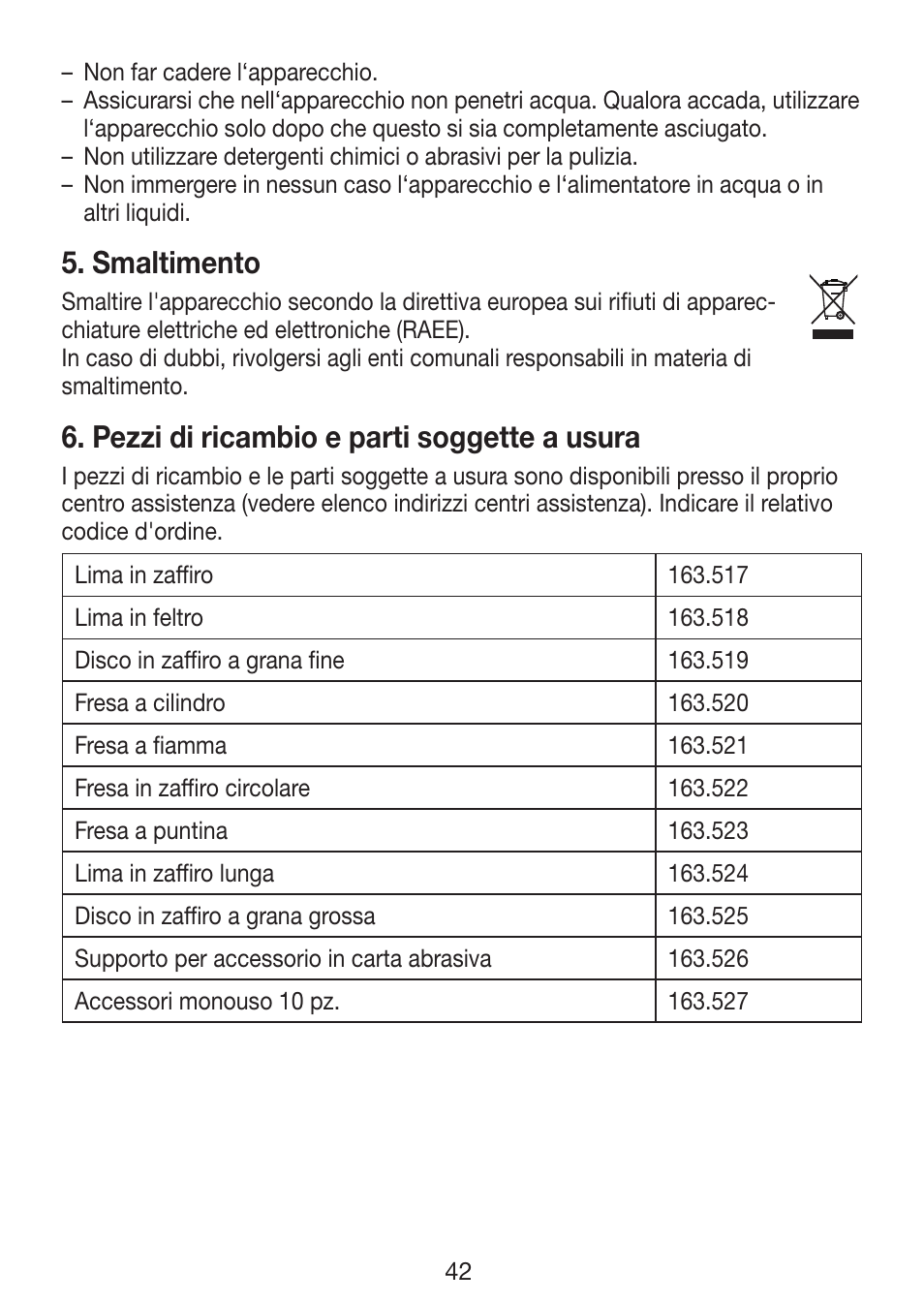 Smaltimento, Pezzi di ricambio e parti soggette a usura | Beurer MP 62 User Manual | Page 42 / 96