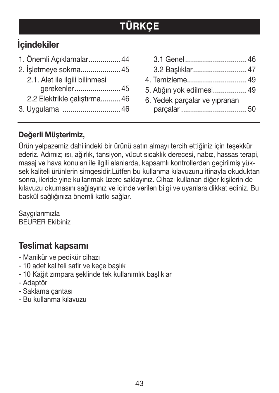 Türkçe, Içindekiler, Teslimat kapsamı | Beurer MP 62 User Manual | Page 43 / 96