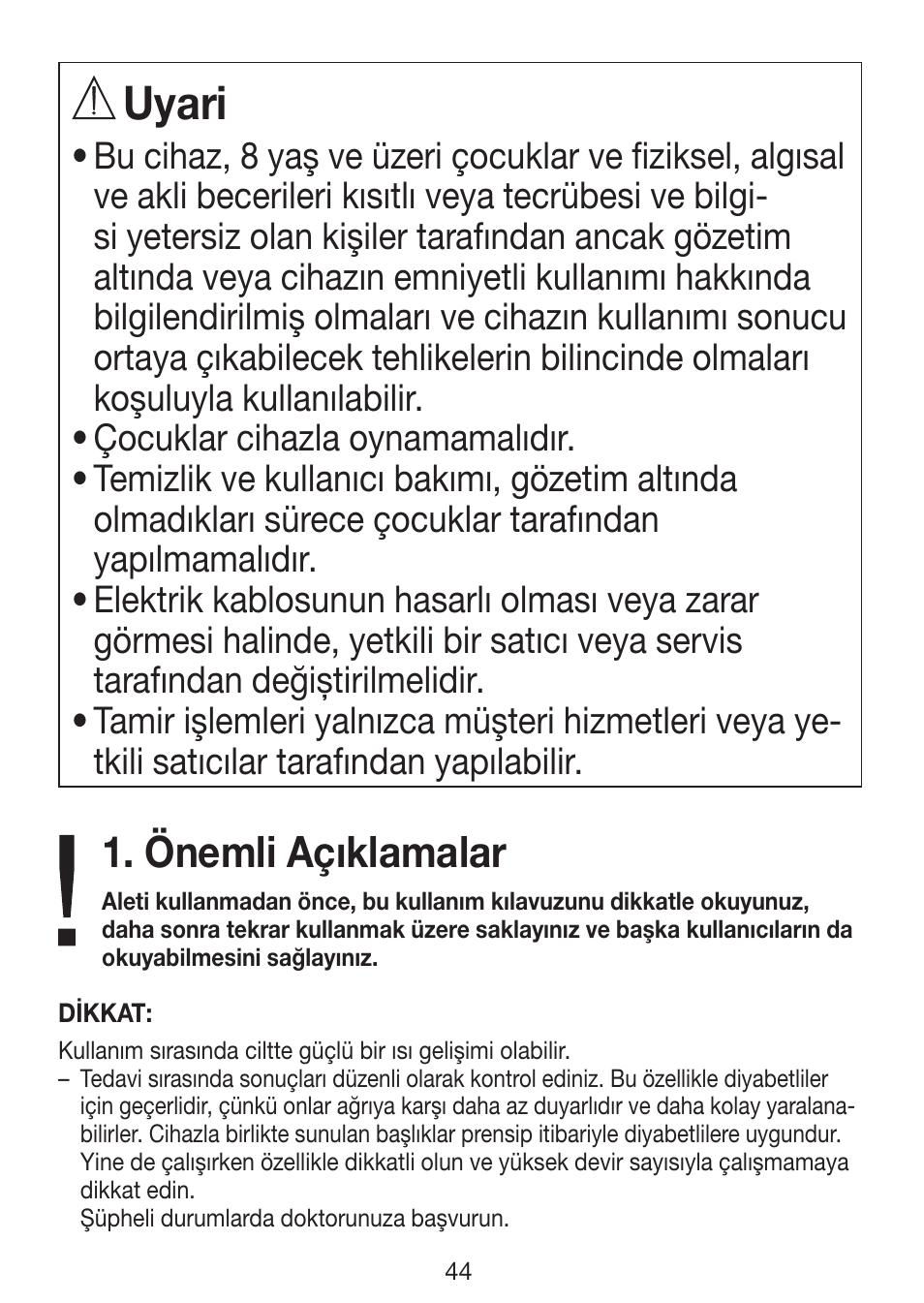 Uyari, Önemli açıklamalar | Beurer MP 62 User Manual | Page 44 / 96