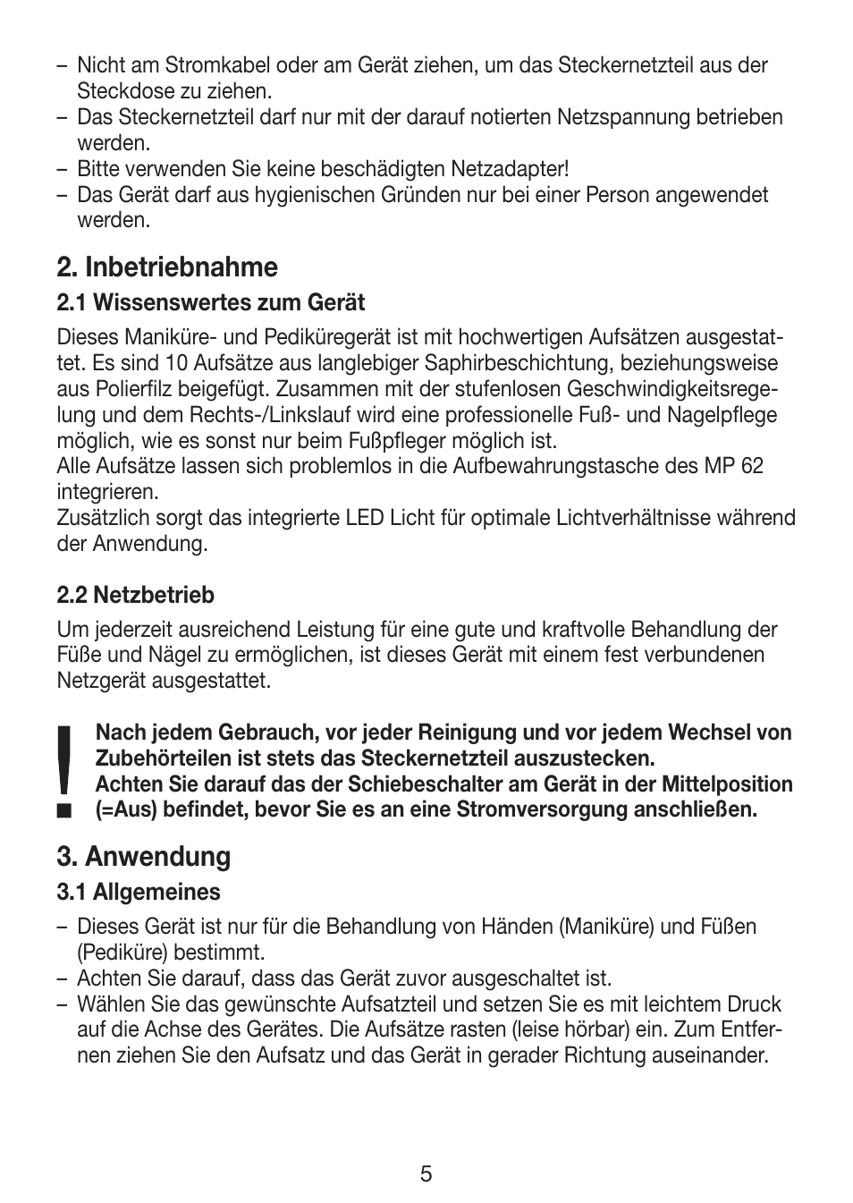 Inbetriebnahme, Anwendung | Beurer MP 62 User Manual | Page 5 / 96