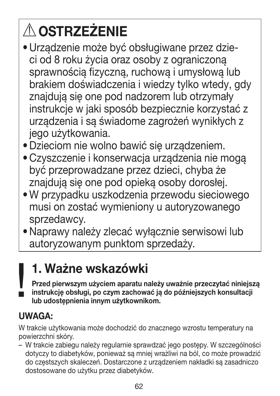 Ostrzeżenie, Ważne wskazówki | Beurer MP 62 User Manual | Page 62 / 96