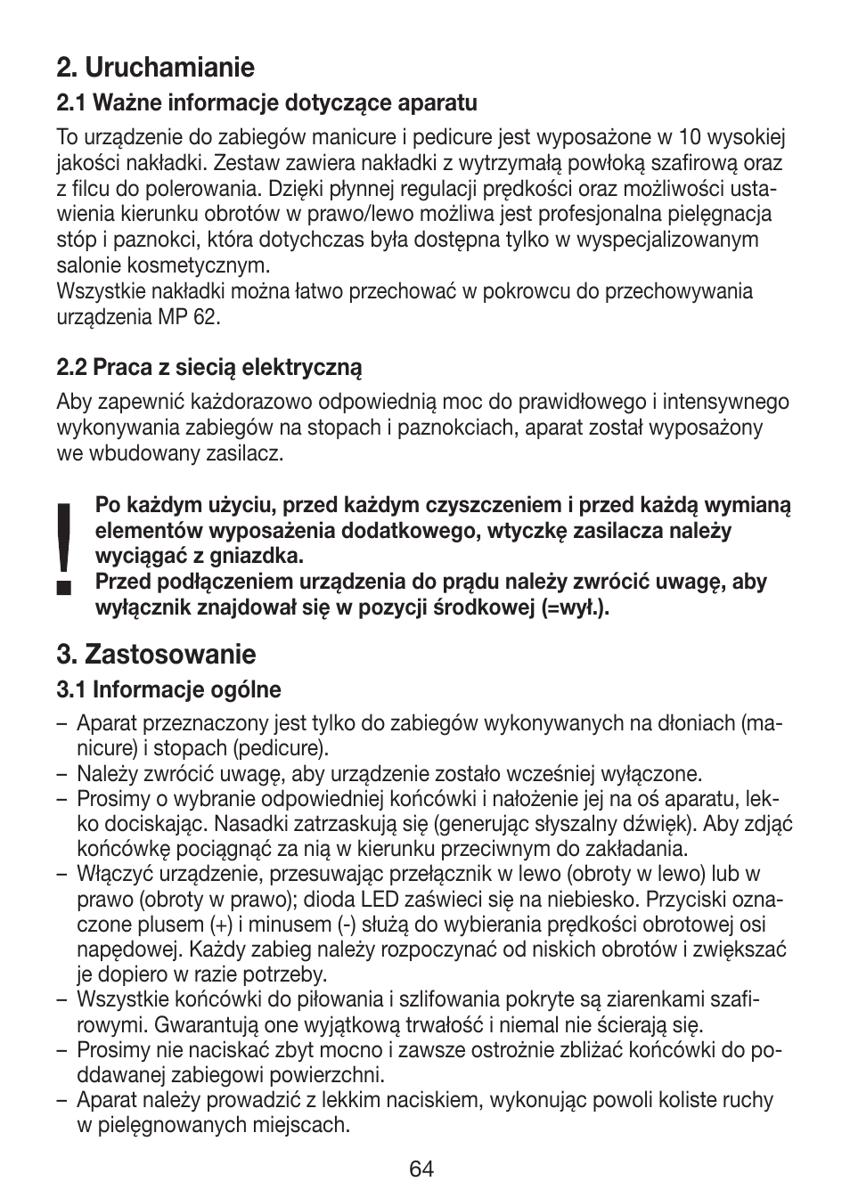 Uruchamianie, Zastosowanie | Beurer MP 62 User Manual | Page 64 / 96