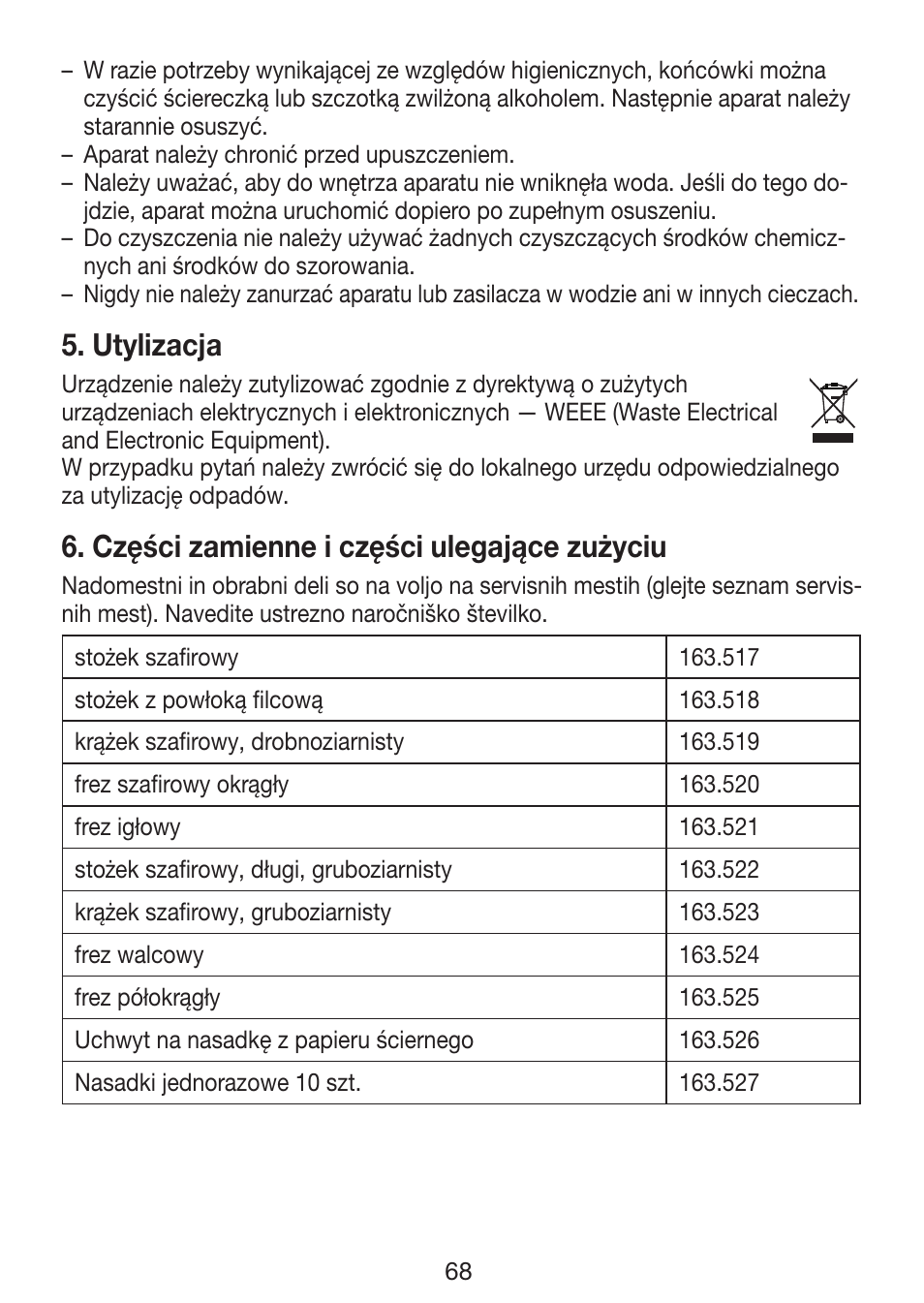 Utylizacja, Części zamienne i części ulegające zużyciu | Beurer MP 62 User Manual | Page 68 / 96