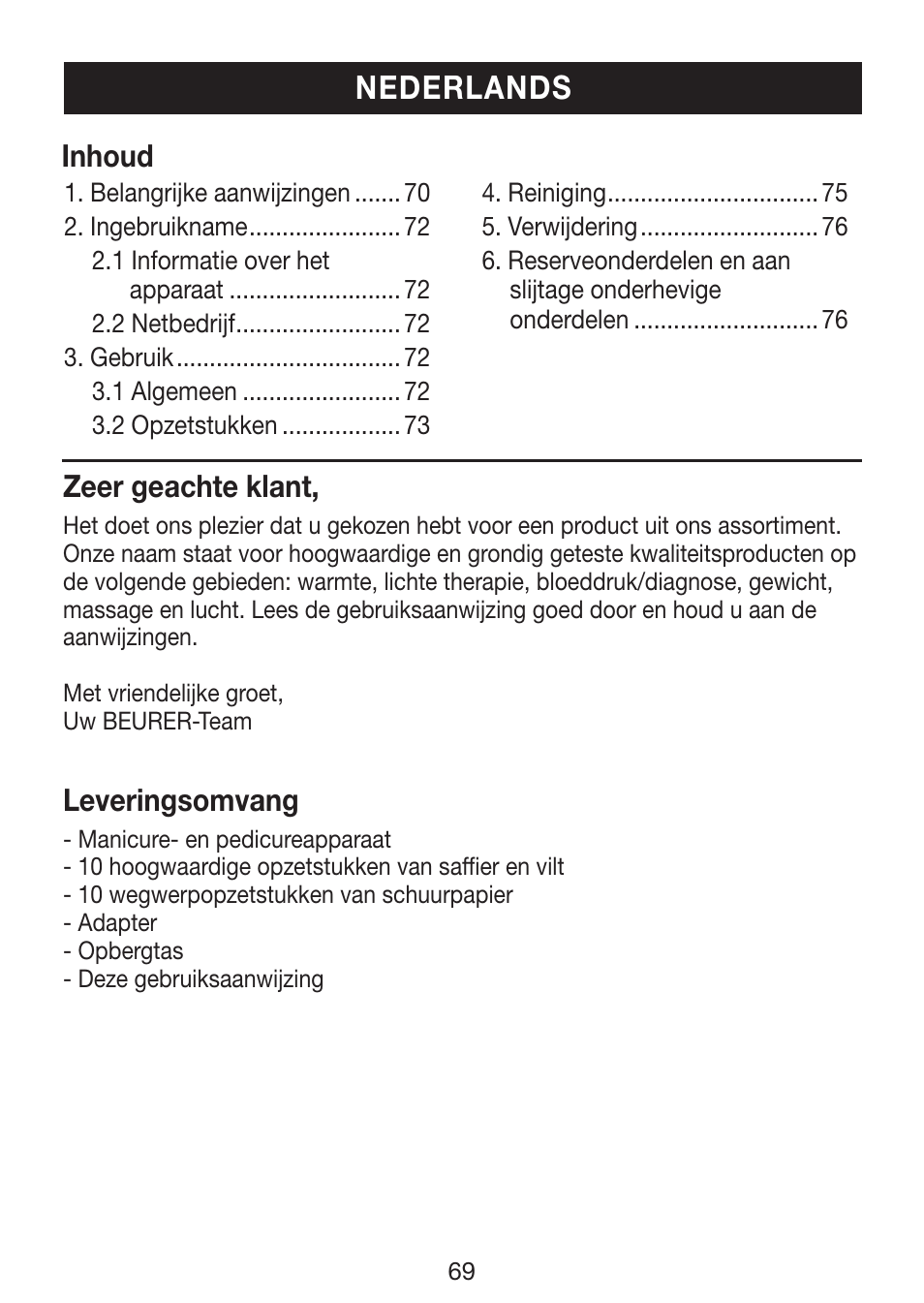 Nederlands, Zeer geachte klant, Leveringsomvang | Inhoud | Beurer MP 62 User Manual | Page 69 / 96