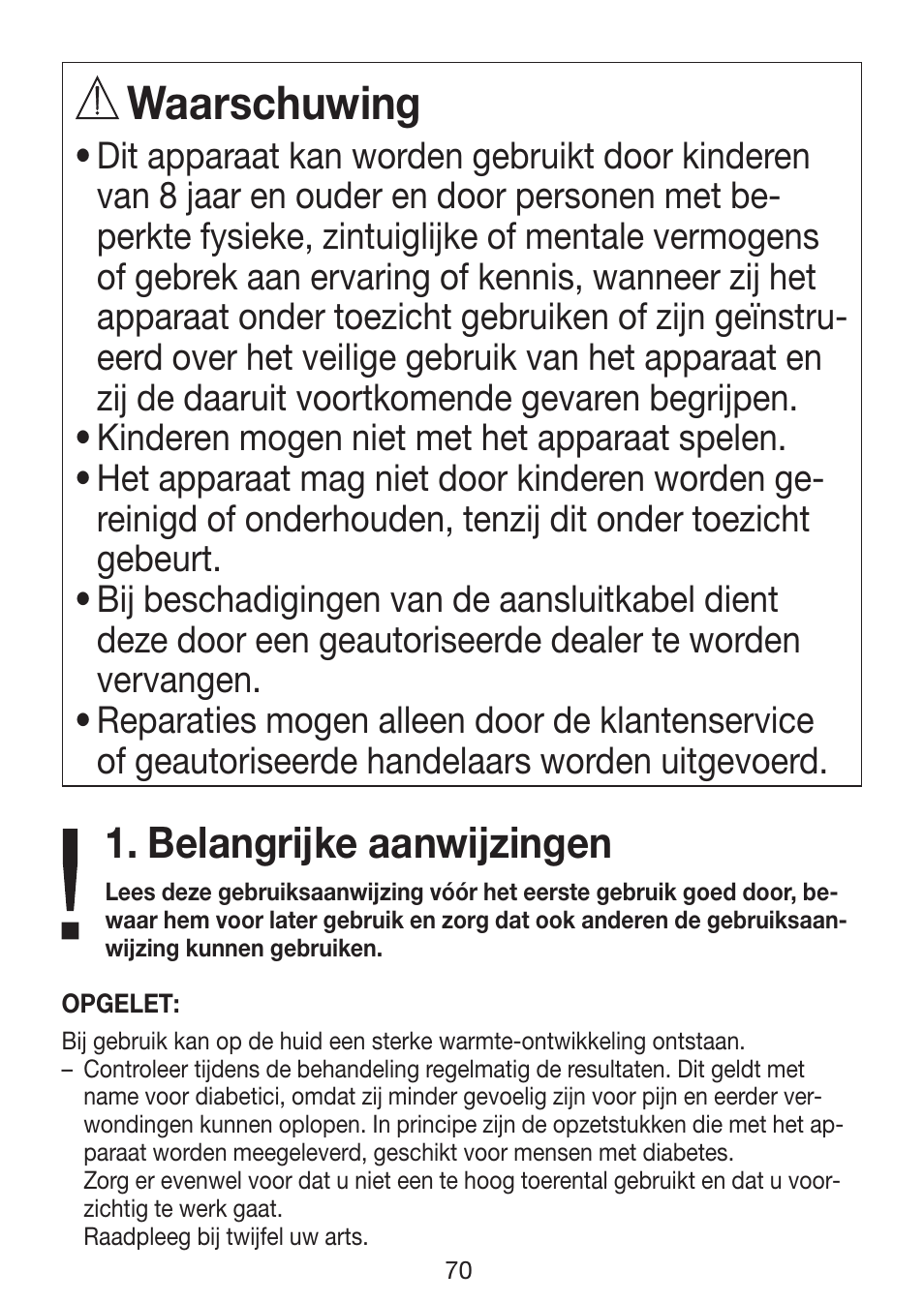 Waarschuwing, Belangrijke aanwijzingen | Beurer MP 62 User Manual | Page 70 / 96