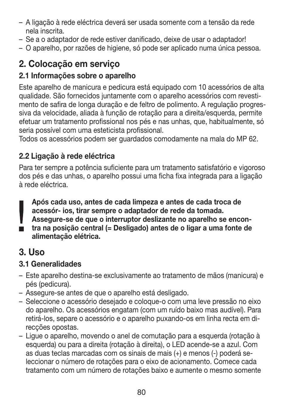 Colocação em serviço | Beurer MP 62 User Manual | Page 80 / 96