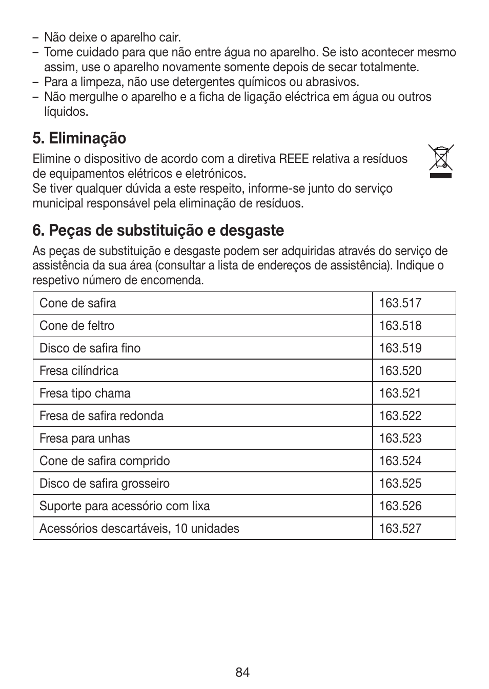 Eliminação, Peças de substituição e desgaste | Beurer MP 62 User Manual | Page 84 / 96